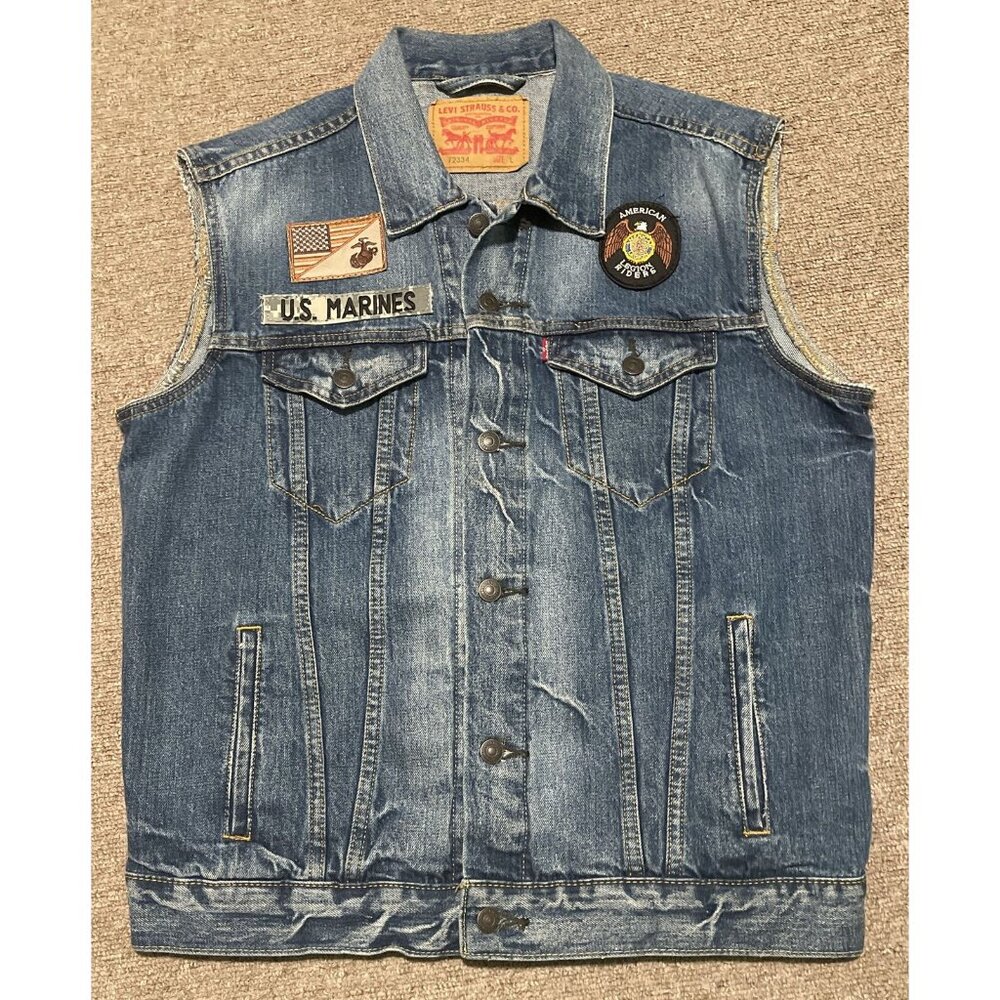Vintage Mens Large Levi's USMC Marines Harley Patches Blue Denim Biker Vest